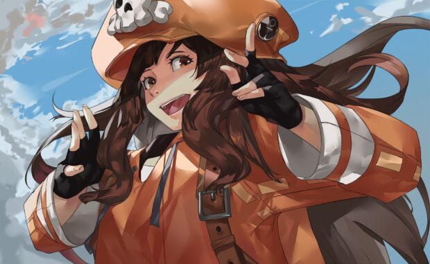A happy Guilty Gear character wearing an orange jacket and hat reaching out against a blue sky