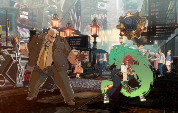 A large man and a woman with green energy fighting in a bustling city scene from Guilty Gear
