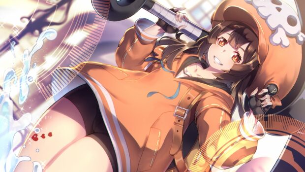 A Guilty Gear character wearing an orange outfit and hat holding a large weapon and smiling brightly