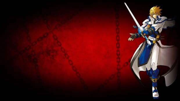 Guilty Gear character holding a sword in front of a red background with chains