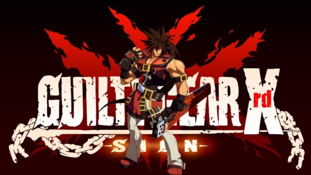 Guilty Gear character Sol Badguy standing confidently with his weapon in front of the game title logo