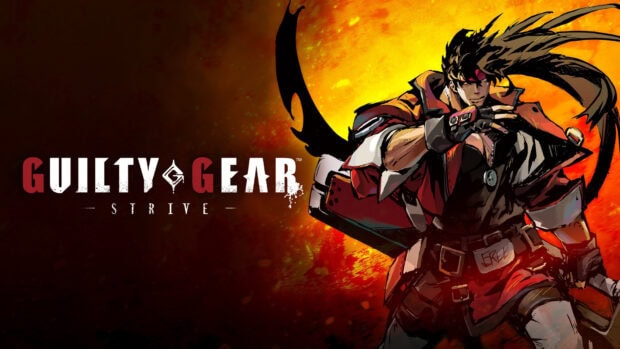 Guilty Gear character striking a dynamic pose with fiery background
