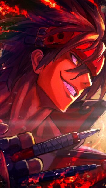 Guilty Gear character with intense expression and blazing red effects in a dynamic pose