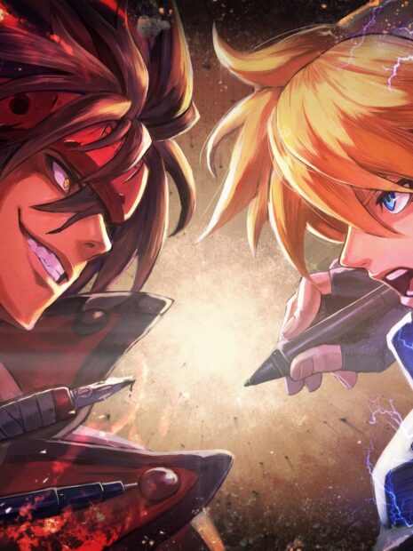Characters from Guilty Gear face off with intense expressions in vibrant artwork