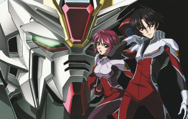 Two Gundam Seed characters standing in front of a large Gundam face with glowing eyes