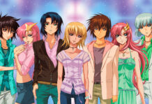 The main characters from Gundam Seed standing together in casual clothes against a starry background