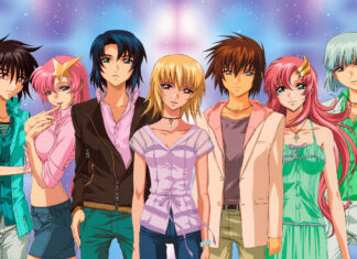 The main characters from Gundam Seed standing together in casual clothes against a starry background