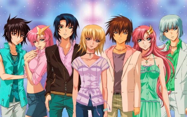 The main characters from Gundam Seed standing together in casual clothes against a starry background