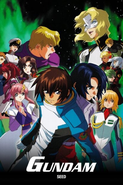 Main characters from Gundam Seed anime standing against green cosmic background