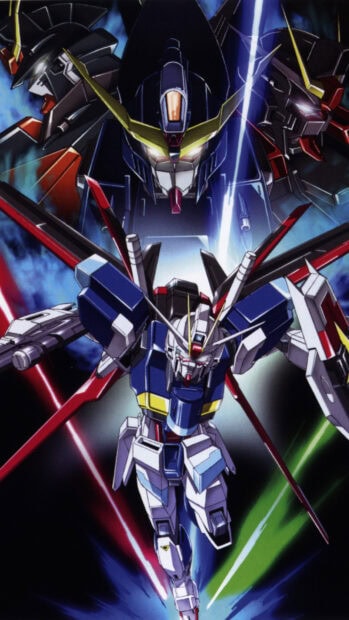 Mobile suit Gundam Seed featured in dynamic action with vivid colors and glowing effects