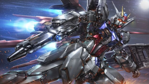 Detailed Gundam Seed robot equipped with large futuristic weapon flying through space in high quality 4K