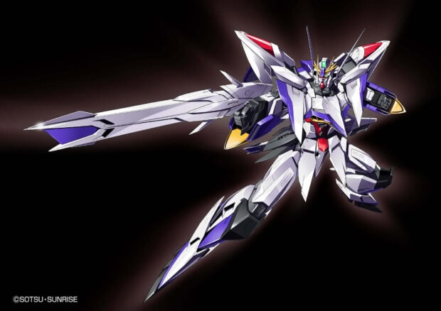 A detailed Gundam Seed mobile suit wielding a large sword in a dynamic pose with a dark background