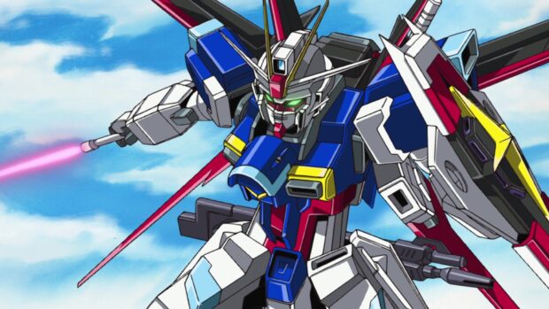 Gundam Seed mobile suit firing a beam weapon in a bright blue sky