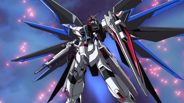 Gundam Seed robot standing in space with wings and weapons ready for battle