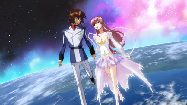 Kira Yamato and Lacus Clyne holding hands floating above Earth in Gundam Seed