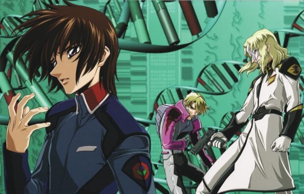 Kira Yamato and other characters from Gundam Seed stand against a futuristic DNA background