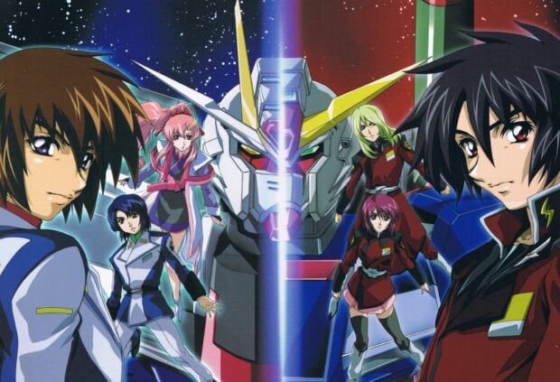 Main characters from Gundam Seed anime with the Gundam Seed robot in the background