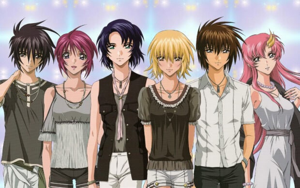 The group of Gundam Seed characters standing together in casual outfits with a bright soft background
