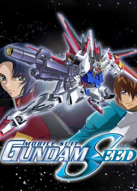 The Gundam Seed mobile suit with two pilots in space with a starry background