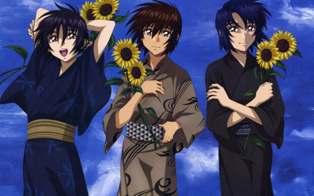 Three Gundam Seed characters holding sunflowers in traditional robes against a blue sky background