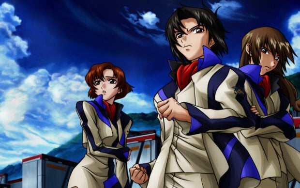 Three Gundam Seed characters stand determined under a dramatic cloudy sky