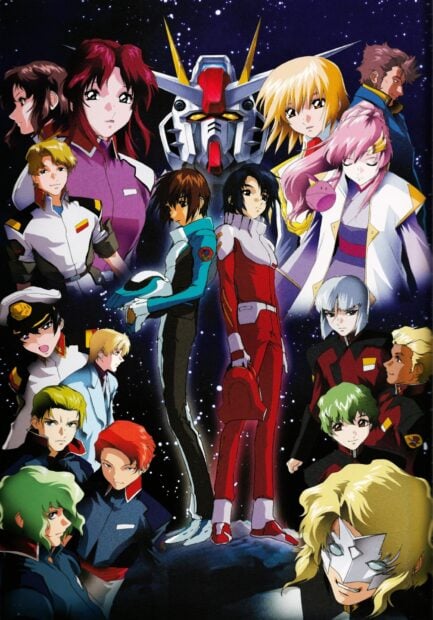 A group of Gundam Seed characters standing together with the Gundam head in space background