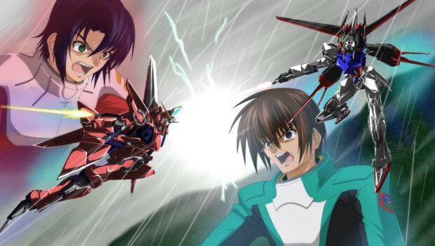 Two Gundam Seed pilots in intense battle with mobile suits amid rain and lightning