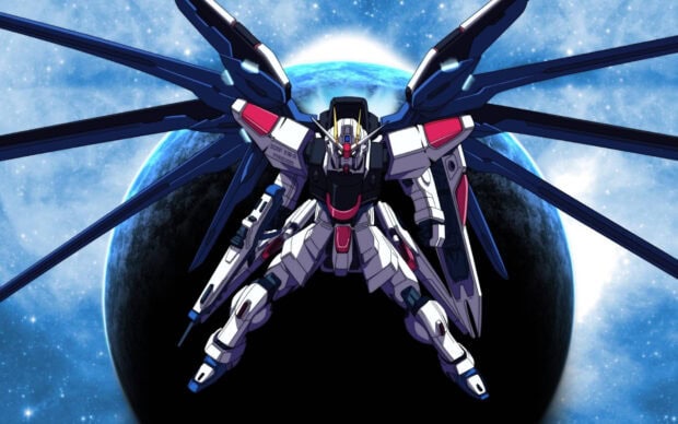A Gundam Seed mecha robot in space with Earth glowing in the background