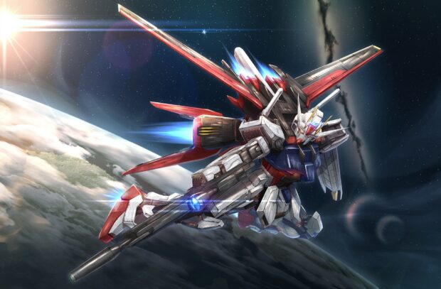 A Gundam Seed mobile suit flying in outer space with Earth and stars in the background