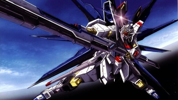 A detailed Gundam Seed mecha robot holding a large weapon in space background