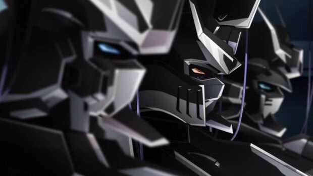 Close up of Gundam Seed mechas lined up in dark environment