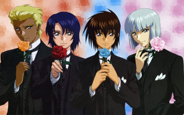 Four Gundam Seed characters in formal suits holding colorful roses against a pastel background