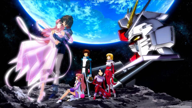 Gundam Seed characters standing and embracing on a rocky surface with a giant Gundam head and Earth in the background