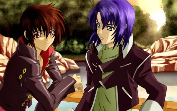 Two Gundam Seed characters standing near a wooden railing in a forest setting