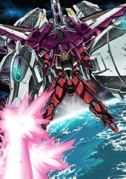 A Gundam Seed mech firing pink energy beams above Earth in space