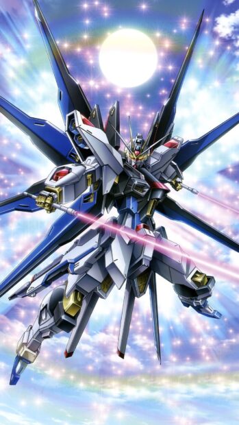 Gundam Seed robot flying in the sky with a glowing sun in the background