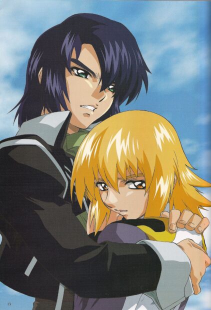 A close embrace between two Gundam Seed characters showing emotional tension and connection