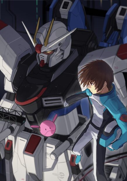 A Gundam Seed pilot preparing alongside a mobile suit in a hangar environment
