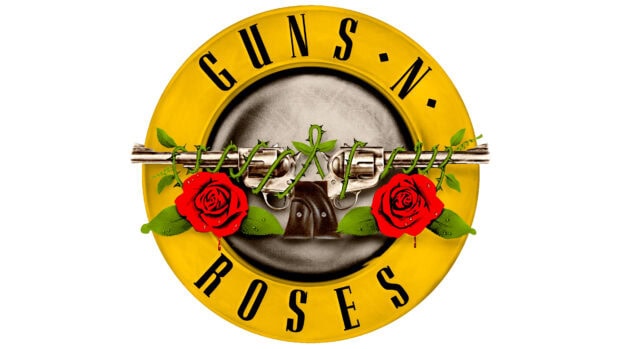Guns N Roses logo with two silver revolvers and red roses on a yellow circular background