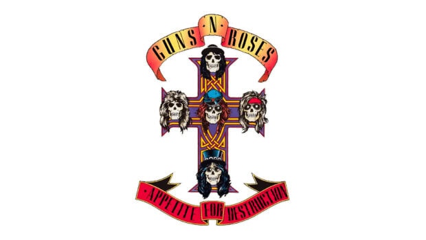 Guns N Roses logo featuring skulls with hair and hats in a cross design