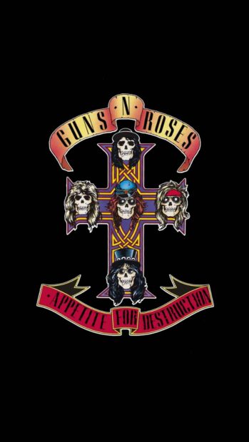 Guns N Roses logo with skull faces and Appetite For Destruction banner on black background