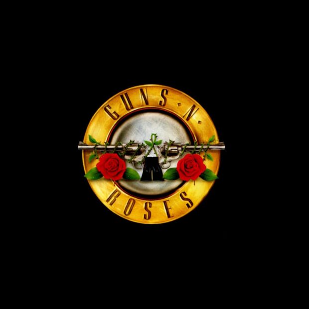 Guns N Roses logo with two guns and red roses on a black background