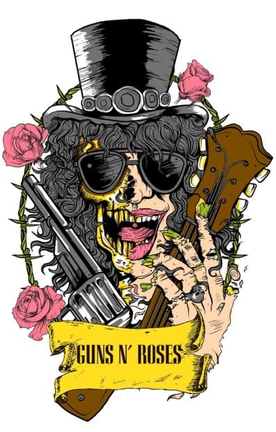 A detailed Guns N Roses illustration with a skull wearing a top hat and sunglasses surrounded by roses