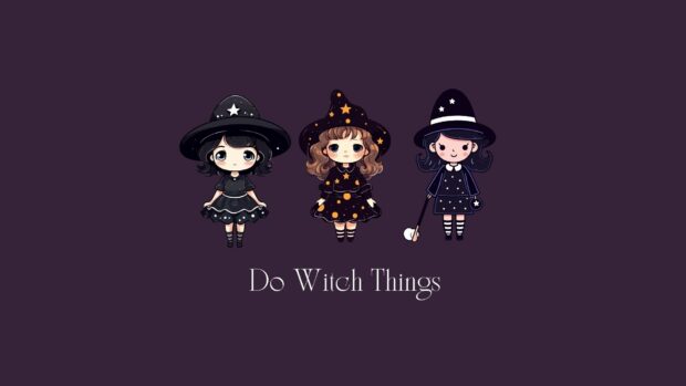 Three cute chibi witches in black dresses are ready for Halloween 2025