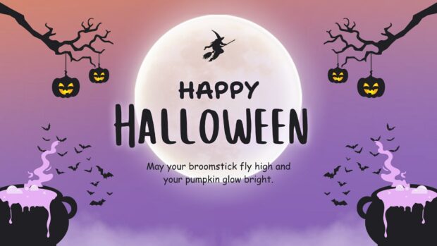 A witch on a broomstick flies across the full moon to wish a Happy Halloween 2025