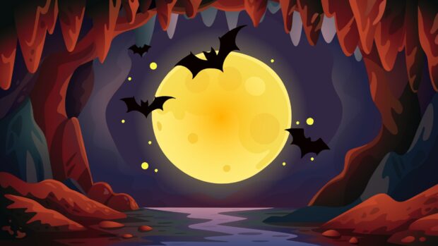 Bats fly out of a spooky cave under the full moon for Halloween 2025 background