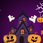 A spooky haunted house with ghosts and jack o' lanterns celebrates Halloween 2025