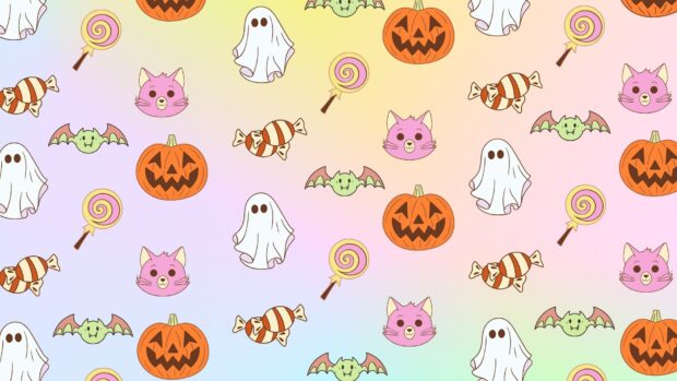 A cute pattern with cats, ghosts, and pumpkins for a pastel Halloween 2025
