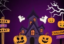 A spooky haunted house with ghosts and jack o' lanterns celebrates Halloween 2025