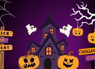 A spooky haunted house with ghosts and jack o' lanterns celebrates Halloween 2025